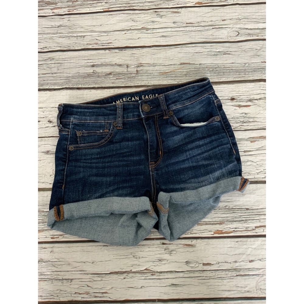 American Eagle Hi-Rise Shortie Dark Wash Cuffed Denim Jean Shorts Womens Size 4